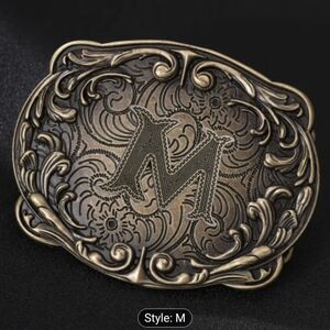 New Brass Colored Belt Buckle with Intricate Design, Letter M, T3MISB7E